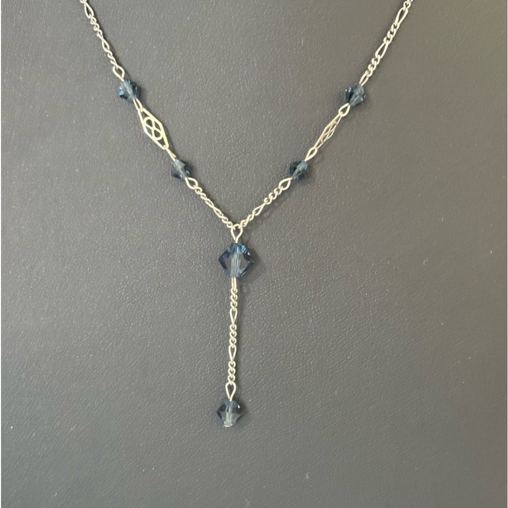 Sterling silver Y shaped vintage dainty necklace with blue beads